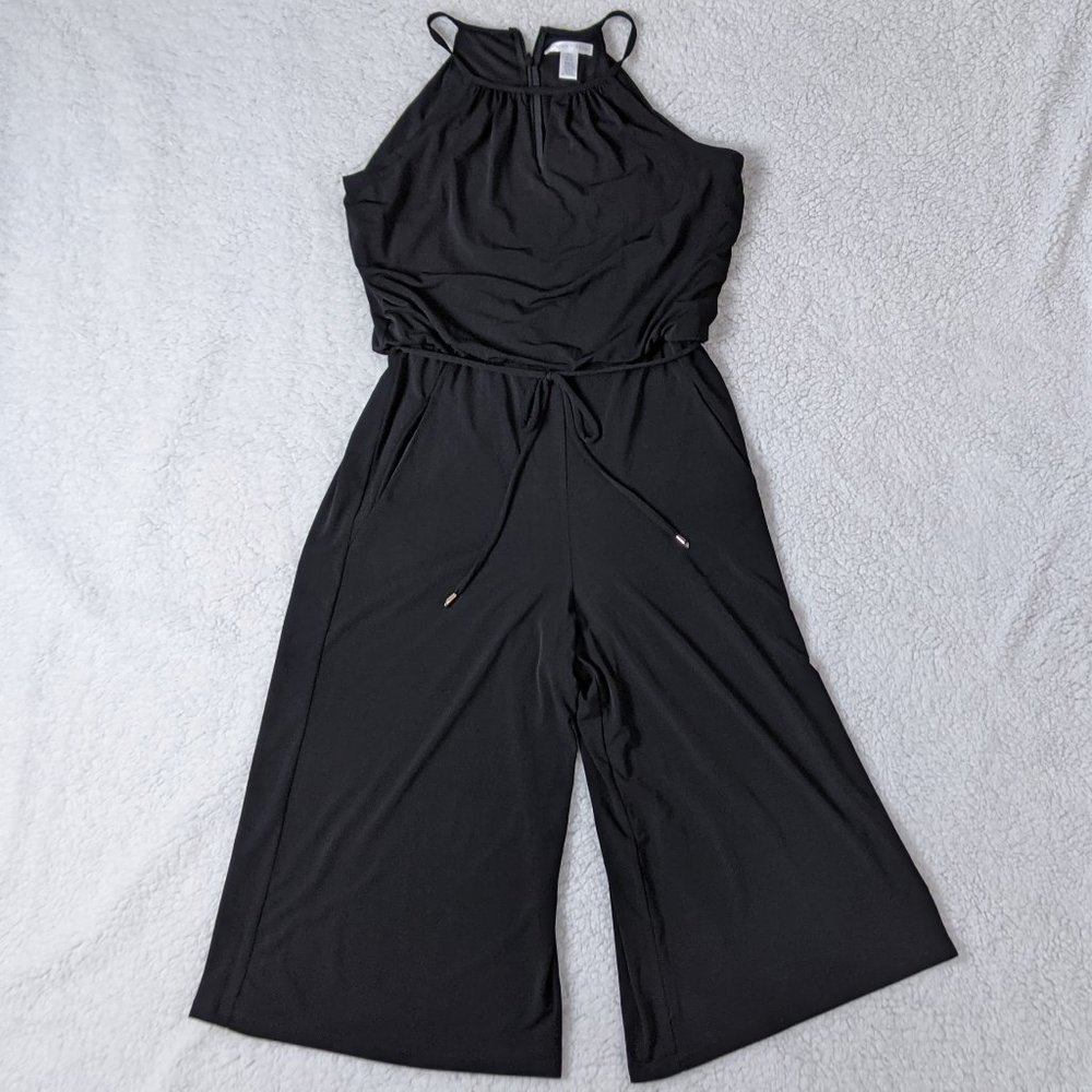 London Times Women's Keyhole Halter Cropped Jumpsuit with Pockets